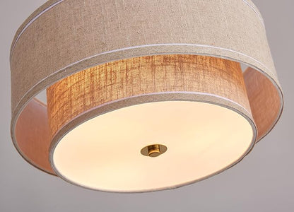 Shrine Lighting Double Drum Ceiling Light, Perfect Drum Light Fixture for Dining Room, D16'' x H7'', E12*3 Sockets, Beige Linen Fabric Lampshade & Gold Rod