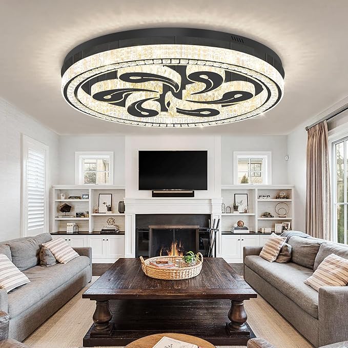 Modern Crystal Chandeliers for Dining Room Flush Mount Ceiling Chandelier for Living Room Dining Room Ring LED Crystal Ceiling Light (Round,40in Black,Dimmable 2700K-6500K)