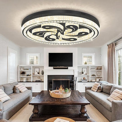 Modern Crystal Chandeliers for Dining Room Flush Mount Ceiling Chandelier for Living Room Dining Room Ring LED Crystal Ceiling Light (Round,40in Black,Dimmable 2700K-6500K)