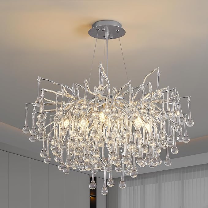 Modern Crystal Raindrop Chandelier, Silver Round Art Deco Tree Branch Lighting Fixture for Dining Room Living Room Foyer 13 Lights D31.5''