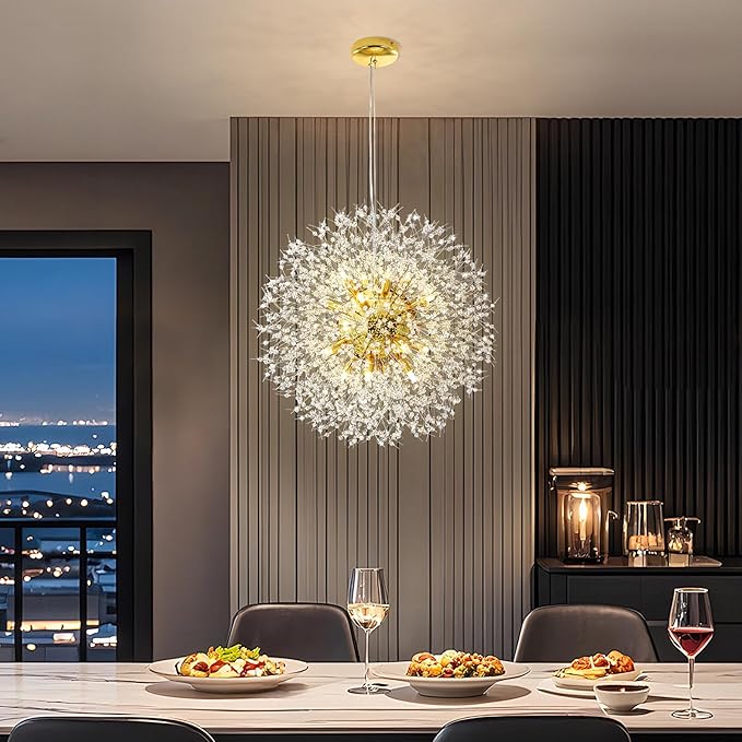 Modern Firework Gold Crystal Chandeliers, Sputnik Dandelion Chandelier Light Fixture Pendant Lighting for Living Room, Dining Room, Restaurant, Bedroom, Kitchen- 16 Lights