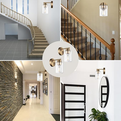 Set of Two Modern Wall Sconces,1-Light Gold Vanity Light Fixtures, Matte Brass Farmhouse Wall Mount Lights with Metal Clear Glass for Bathroom Mirror Living Room Bedroom Hallway E26 Base