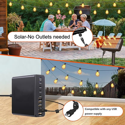 BLIATLUS 50FT Solar String Lights Outdoor Waterproof with Remote Control Solar Patio Lights 15+2 shatterproof LED Bulbs for Porch Garden Market Bistro Patio Backyard Fence