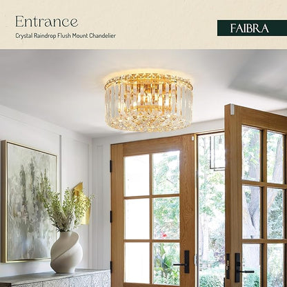 12.6" Gold K9 Crystal Raindrop Flush Mount Ceiling Light, Modern Chandelier, Round Luxury Light Fixture for Dining Room, Bedroom, Hallway, Kitchen Island & Living Room
