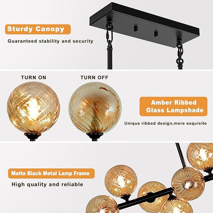 Linear Sputnik Chandelier, 55" Dining Room Light Fixture Modern Chandelier with Amber Swirled Globe 16 Lights Long Chandeliers for Dining Room Kitchen Island Large Chandelier for High Ceilings