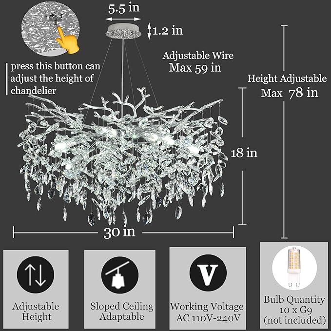 Tree Branch Chandelier Modern Crystal Pendant Light, Luxury Chrome Art Deco Raindrop Lighting Fixture for Dining Room Bedroom Living Room 10 Lights D30''