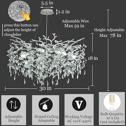 Tree Branch Chandelier Modern Crystal Pendant Light, Luxury Chrome Art Deco Raindrop Lighting Fixture for Dining Room Bedroom Living Room 10 Lights D30''