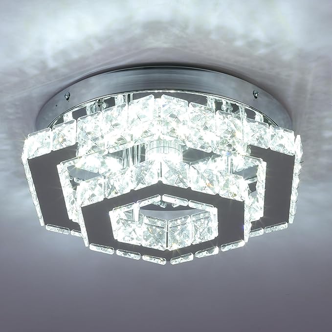 Modern LED Chandelier Flush Mount Ceiling Light Fixture Crystal Chandeliers for Living Room Bedroom Dining Kitchen (6500K Cool White)