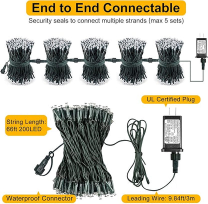 Multicolor Christmas Lights Outdoor, 66FT 200 LED String Lights for Outside Waterproof with 8 Modes, Plug in Connectable Fairy Twinkle Light for Indoor Room Patio Yard Party Holiday Decorations