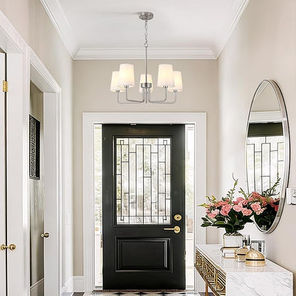 Modern Brushed Nickel 5-Light Chandelier, Farmhouse Industrial Dining Room Light Fixture Over Table with White Fabric Shade, Hanging Pendant Lighting for Kitchen Island Bedroom Living Room Entryway