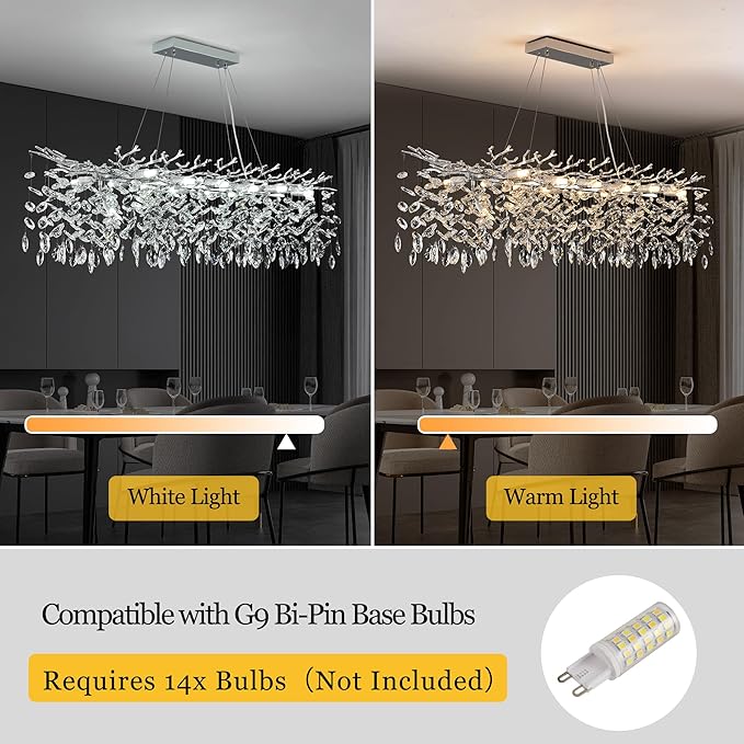 Modern Rectangle Crystal Tree Branch Chandelier, L47.3'' Large Silver Linear Raindrop Indoor Hanging Pendant Light Fixture for Kitchen Island Foyer Living Room Dining Room 14 Lights