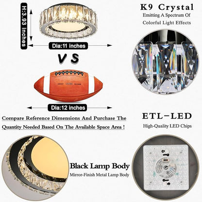 Crystal Dimmable Flush Mount Ceiling Light, Black Modern LED Close to Ceiling Light Fixture with 5CCT 2700K-6000K, Round Kitchen Lighting for Bedroom, Laundry Room, Hallway, Bathroom (11in 24W)