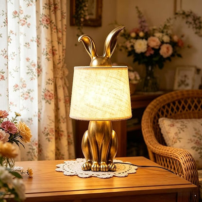 YHT Bunny Table Lamp, Cute Animal Rabbit Lamp,15.7" Vintage LED Desk Light with Linen Lampshade,Gold Main Part Beside Lamp for Bedroom, Study Room, Office, Nursery, Home Decor (Linen)