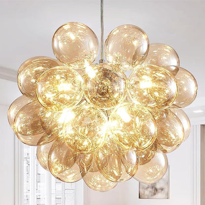 Longree Champagne Bubble Ball Chandelier, Dia 20 inch Blown Glass Cognac Glass Pendant Light Fixture for Bedroom Study Bathroom Foyer Entryway Lamp