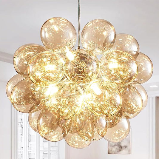 Longree Champagne Bubble Ball Chandelier, Dia 20 inch Blown Glass Cognac Glass Pendant Light Fixture for Bedroom Study Bathroom Foyer Entryway Lamp