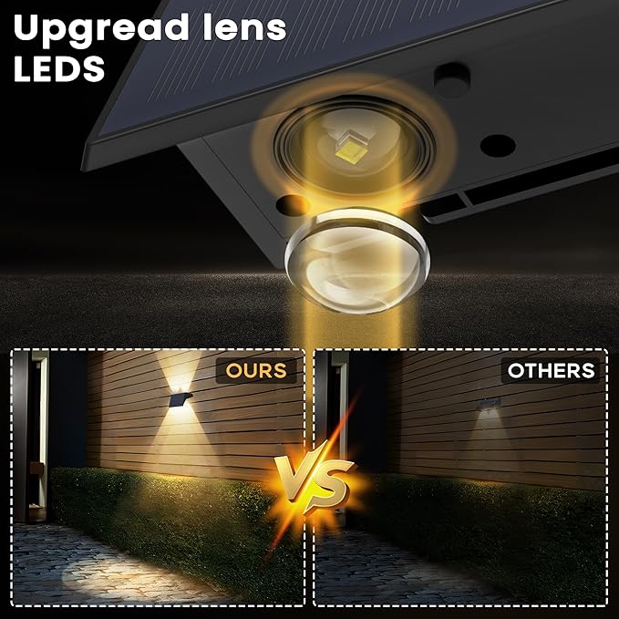 Fence Lights Solar Powered, 2-Pack Solar Fence Lights Up/Down Flexible Buttons, IP67 Waterproof for Outdoor, 100LM Bright, Auto Dusk to Dawn for Wall/Stairs/Yard/Railing/Deck/Pathway (Warm White)