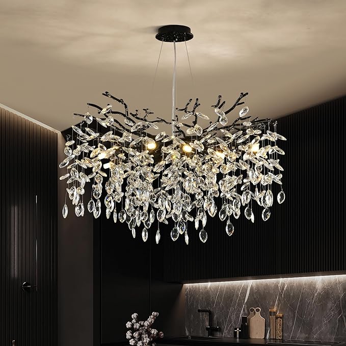Modern Crystal Tree Branch Chandelier, Black Round Art Deco Pendant Light Raindrop Lighting Fixture for Dining Room Bedroom Foyer 10 Lights D30''
