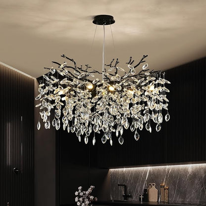 Modern Crystal Tree Branch Chandelier, Black Round Art Deco Pendant Light Raindrop Lighting Fixture for Dining Room Bedroom Foyer 10 Lights D30''