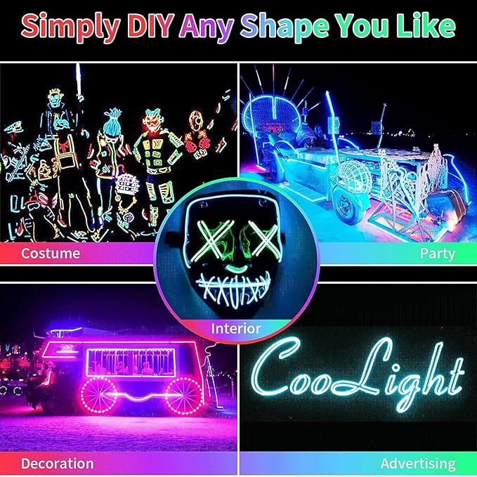 EL Wire-5 in 1 Neon Wire Light Rope Lights Strip DIY Glowing Flexible Super Bright Cuttable for Parties Halloween Christmas Bike Cosplay Clothing Decoration Festival (Ice Blue)