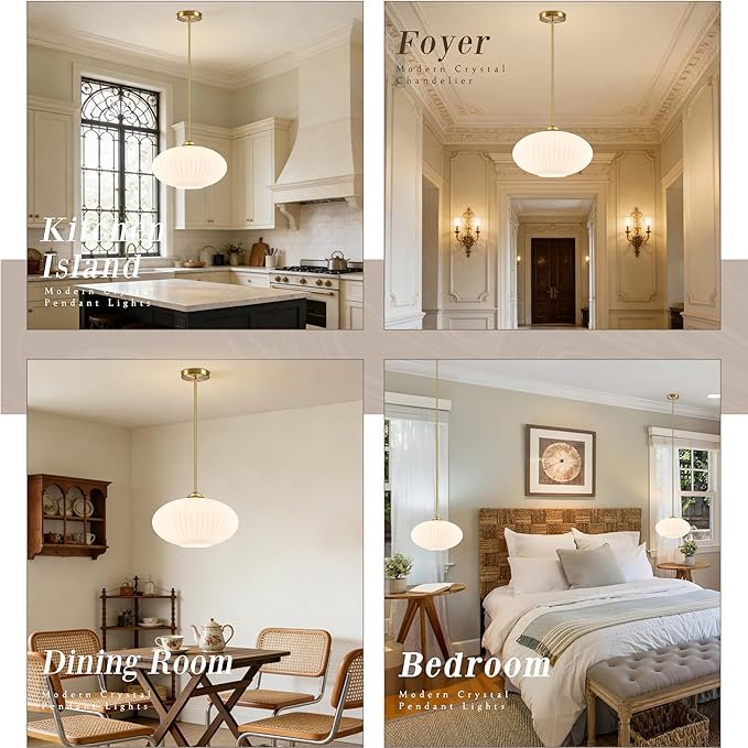 10" Milky White Glass Modern Pendant Light Kitchen Island 2 Pack Brushed Gold Mid Century Modern Pendant Lighting with Frosted Glass Hanging Pendants Light for Bedroom（Bulb Incl.