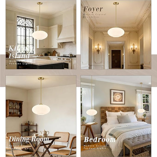 10" Milky White Glass Modern Pendant Light Kitchen Island 2 Pack Brushed Gold Mid Century Modern Pendant Lighting with Frosted Glass Hanging Pendants Light for Bedroom（Bulb Incl.
