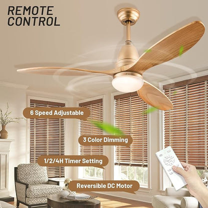 52 inch Champagne Gold Luxury Style Ceiling Fan with Light Solid Wood Blade Noiseless Reversible Motor Dimmable Light Memory Living Room and Bedroom Ceiling Fan (Golden04) (Gold)