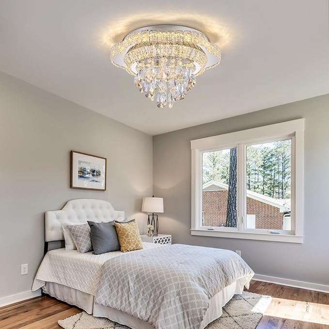 Silver 18" Modern Flush Mount Chandelier for Bedroom, LED Crystal Ceiling Light Over Table,Elegant Dining Room Lighting Fixture with Remote Control, 3CCT Dimmable