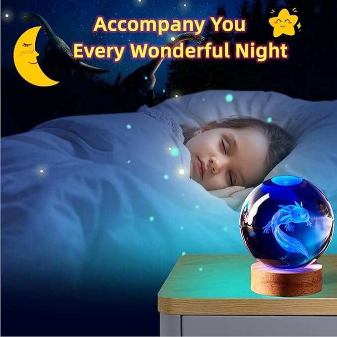 Axolotl Lamp,3.15 inch Axolotl Crystal Ball Lamp,Upgraded 3D K9 Axolotl Crystal Ball Night Light with Wooden Base,16 Colors Change with Remote Control, Axolotl Glass Ball Lamp,Axolotl Gift (E)