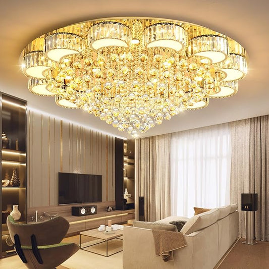 47" Gold Modern Crystal Chandeliers for Dining Room LED Dimmable Light Fixtures Flush Mount Light Living Room Bedrooms