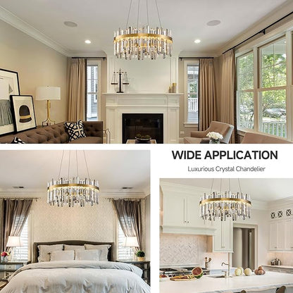 Gold Led Modern Crystal Chandelier: 23.6" Round K9 Luxury Smoke Grey & Clear Crystals 3 Color Dimmable Contemporary Chandeliers for Dining Room Lights - Adjustable Height Living Room Light with Remote