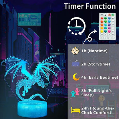 Dragon Night Light, Dragon Gifts, 3D Illusion Lamp with 16 Colors Changing, Timer, 4 Flash Modes and Dimmable, Kids Boys Girls Room Decoration, Holiday Xmas Gifts