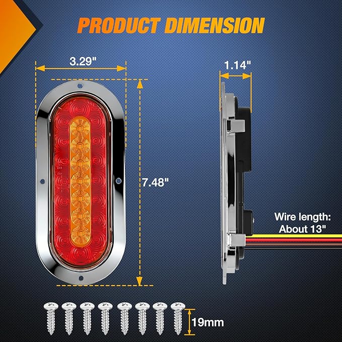 Nilight Trailer Tail Light 2PCS 6Inch Oval 23 LED Red Amber Chrome Frame Marker Clearance Stop Brake Turn Signal Running Taillight IP67 Waterproof for Trailer Truck Pickup Camper RV