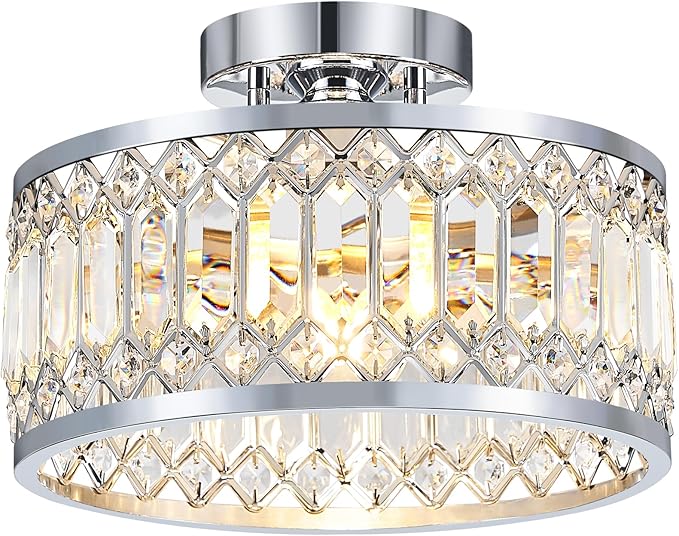 YURNYQ Crystal Ceiling Light Fixture, Modern Semi Flush Mount Ceiling Light, Chrome Lighting Fixtures Ceiling Lamp for Hallway, Kitchen, Entryway, Bedroom, Laundry Room, 1-Light, 11.4 Inch