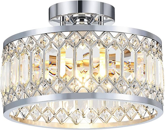 YURNYQ Crystal Ceiling Light Fixture, Modern Semi Flush Mount Ceiling Light, Chrome Lighting Fixtures Ceiling Lamp for Hallway, Kitchen, Entryway, Bedroom, Laundry Room, 1-Light, 11.4 Inch
