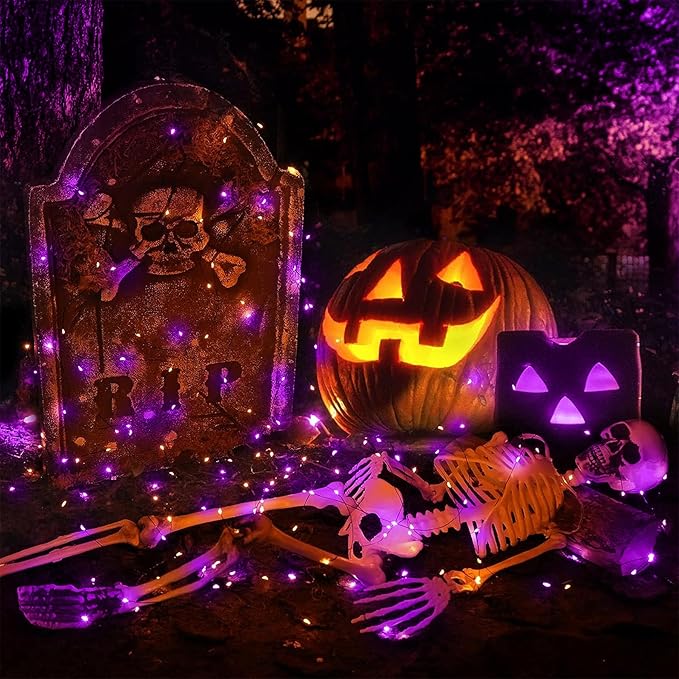 Halloween Solar Fairy Lights Outdoor Waterproof Copper Wire Orange Purple String Lights 2 Pack 33FT 100LED for Christmas Party Decoration Easter Wedding Terrace Yard Tree Garden Patio