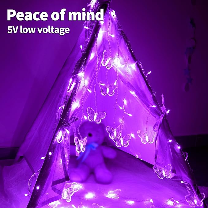 YOLIGHT Butterfly Curtain Lights 13ft 96 LED Fairy Lights 8 Modes String Lights with Remote, Butterfly Hanging Decoration for Girls Room Bedroom Wall Ceiling Party Wedding Holiday Christmas (Purple)