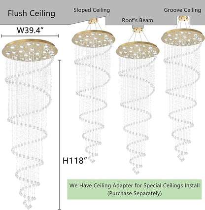 HAIXIANG W40 x H118in Gold Chandelier with LED Bulbs Glam Crystal Light Hight Ceiling Lighting Fixtures for Living Staircase Foyer Entryway