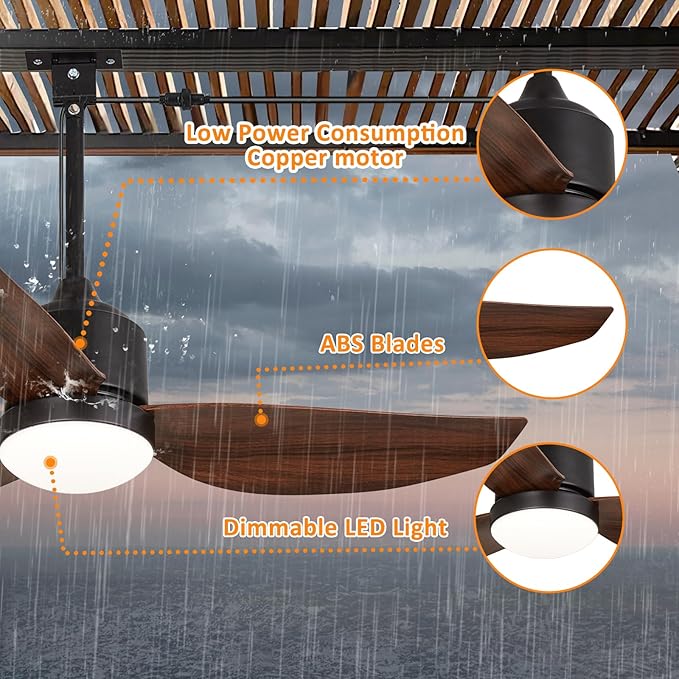 Depuley Outdoor Ceiling Fan with Light: 42 Inch Waterproof Gazebo Fans with Lights Outdoor Hanging - Plug in Remote App Control for Patio Indoor Farmhouse Porch - 6 Speed Reversible DC Motor Walnut