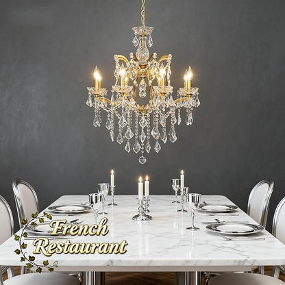 Antique Gold Crystal Chandeliers, Candle Pendant Ceiling Light Fixture 8-Lights Luxury Polished Golden Bronze Crystal Chandelier Adjustable Chain for Dining Living Room Foyer Hallway