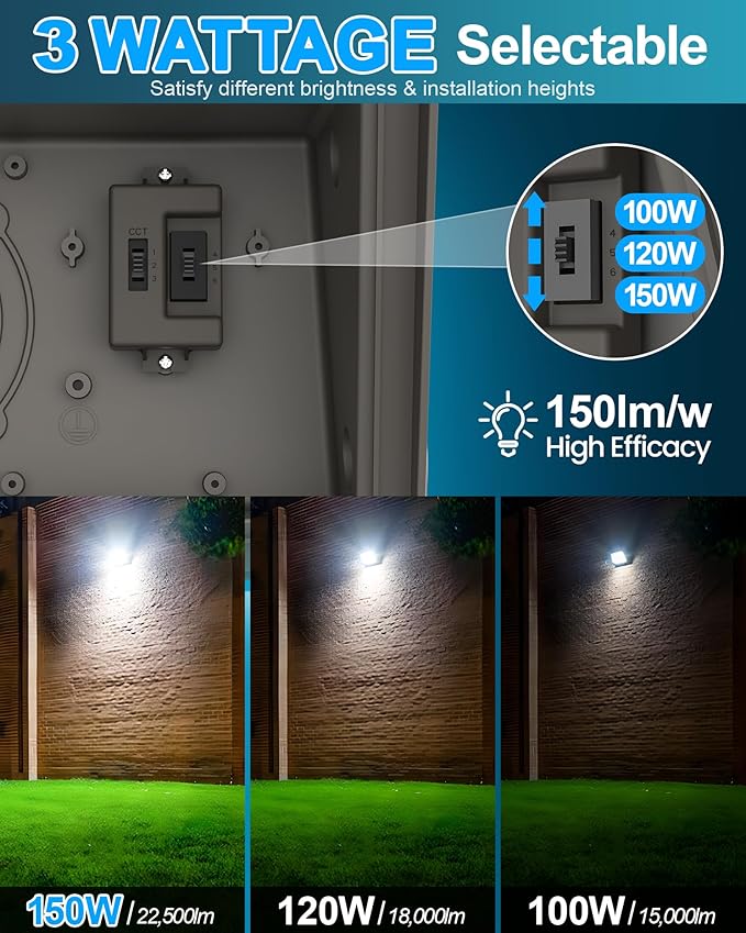 AKK 4 Pack 150W 120W 100W LED Wall Pack Light with Photocell, 22500LM 150LM/W, 3 Wattage & 3 CCT Selectable (4000K/5000K/5700K), 100-277V IP65 for Parking Lot, Warehouse, Security Lighting, ETL Listed