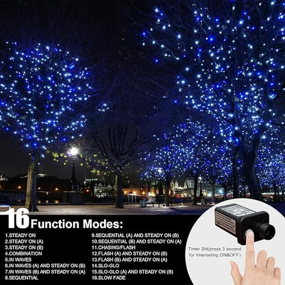 LAMPHOME 66FT 100 LED Blue White String Lights, 16 Modes Plug In Mini Fairy Lights, Waterproof Outdoor Christmas Lights for Hanukkah Xmas Tree Garland Bedroom Ocean Party July 4th Patriotic Decoration