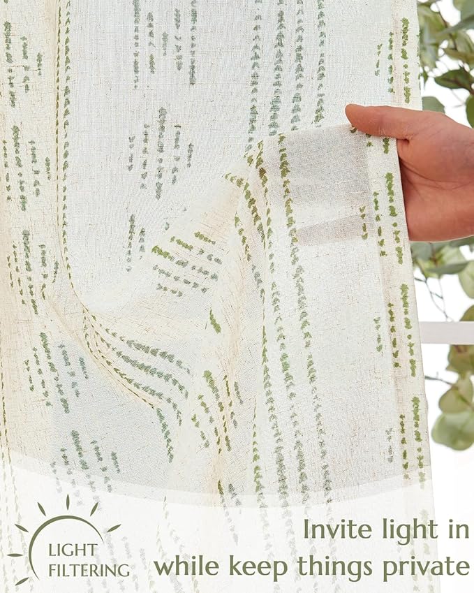 jinchan Boho Kitchen Curtains Linen Cafe Tier Curtains 36 Inch Bohemian Geometric Striped Mudcloth Small Window Drapes for Living Room Bathroom Light Filtering Back Tab 2 Panels Sage Green on Flax