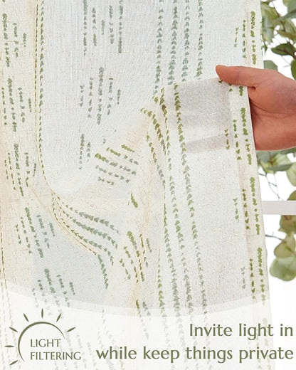 jinchan Boho Kitchen Curtains Linen Cafe Tier Curtains 24 Inch Bohemian Geometric Striped Mudcloth Small Window Drapes for Living Room Bathroom Light Filtering Back Tab 2 Panels Sage Green on Flax