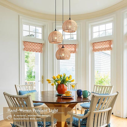 3-Light Mini Hemp Rope Woven Pendant Light Kitchen Island,3 Dome Hand Woven Boho Rattan Chandelier Farmhouse Wicker Ceiling Light,rustic Light Fixture For Living Room Hallway Dining Room(Bulb Incl.