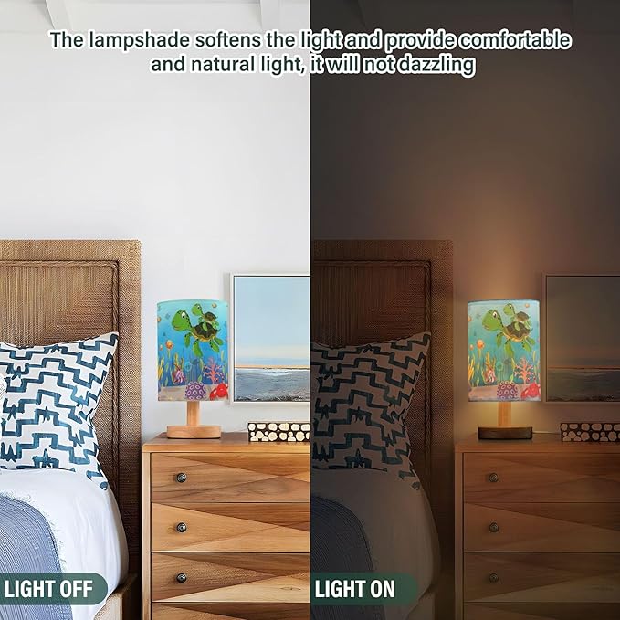 Table Lamp Colorful Underwater Sea Turtle Octopus Crab Fish Coral Aquatic Nightstand Lamp with Wood Base Fabric Lamp Shade Bedside Desk Lamp for Living Room Bedroom Kids Room Office