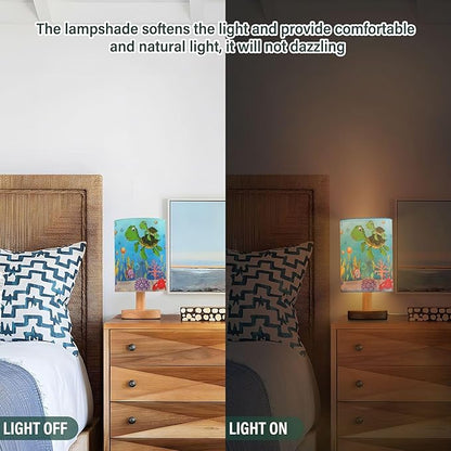 Table Lamp Colorful Underwater Sea Turtle Octopus Crab Fish Coral Aquatic Nightstand Lamp with Wood Base Fabric Lamp Shade Bedside Desk Lamp for Living Room Bedroom Kids Room Office