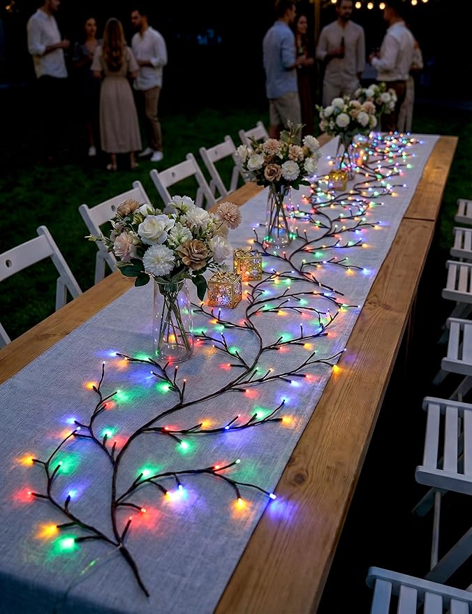 Solar Willow Vine Lights Outdoor, 7.8FT 144LEDs RGB Enchanted Willow Vine Lights with Remote, Waterproof Garden Decor for Wall Window Porch Patio Party Decor