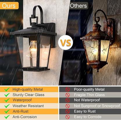 Kalium Outdoor Wall Lantern 2 Pack, Waterproof Exterior Wall Mount Light with Clear Glass in Black Finish, Porch Outside Lighting for Entryway, Backyard, Patio, E26 Base, Clear Glass 12.5 in