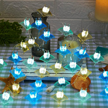 Sea Life Decor Ocean Fish Manta Ray String Lights Indoor Outdoor Nautical Theme Ocean Beach Decorative Lights Cute Marine Life Fairy Lights 30LED 10ft Battery Operated for Bedroom Garden Camp Tent
