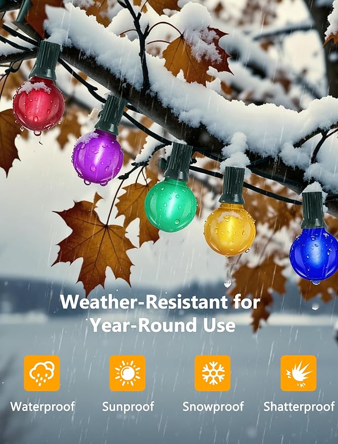 50Ft G40 Globe Outdoor String Lights, Waterproof Patio Lights with 27 Shatterproof Frosted Multicolor LED Bulbs, Connectable Hanging Lights for Home Party Porch Backyard and Christmas Tree Decor